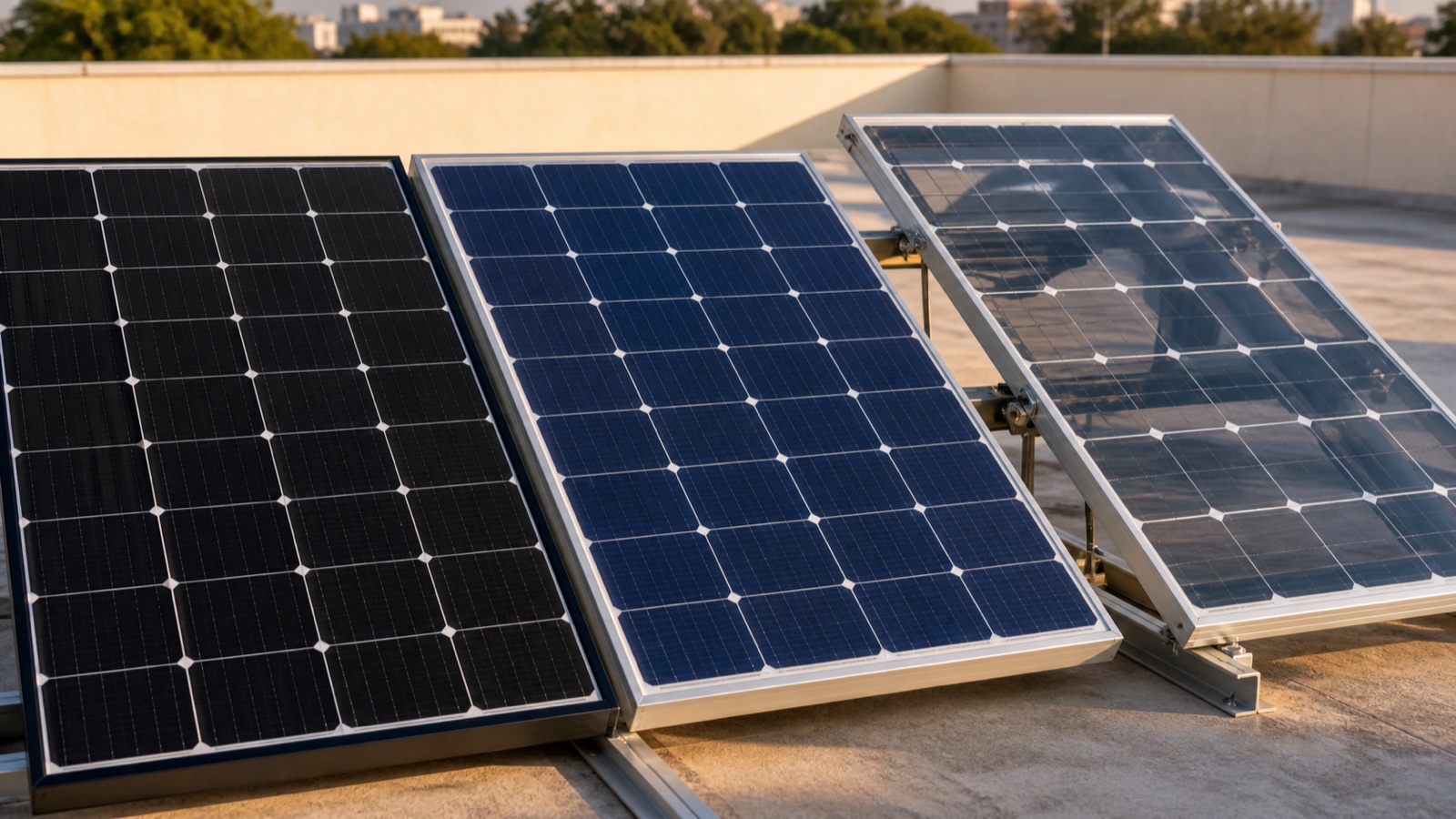 Three modern solar module styles on an Indian rooftop