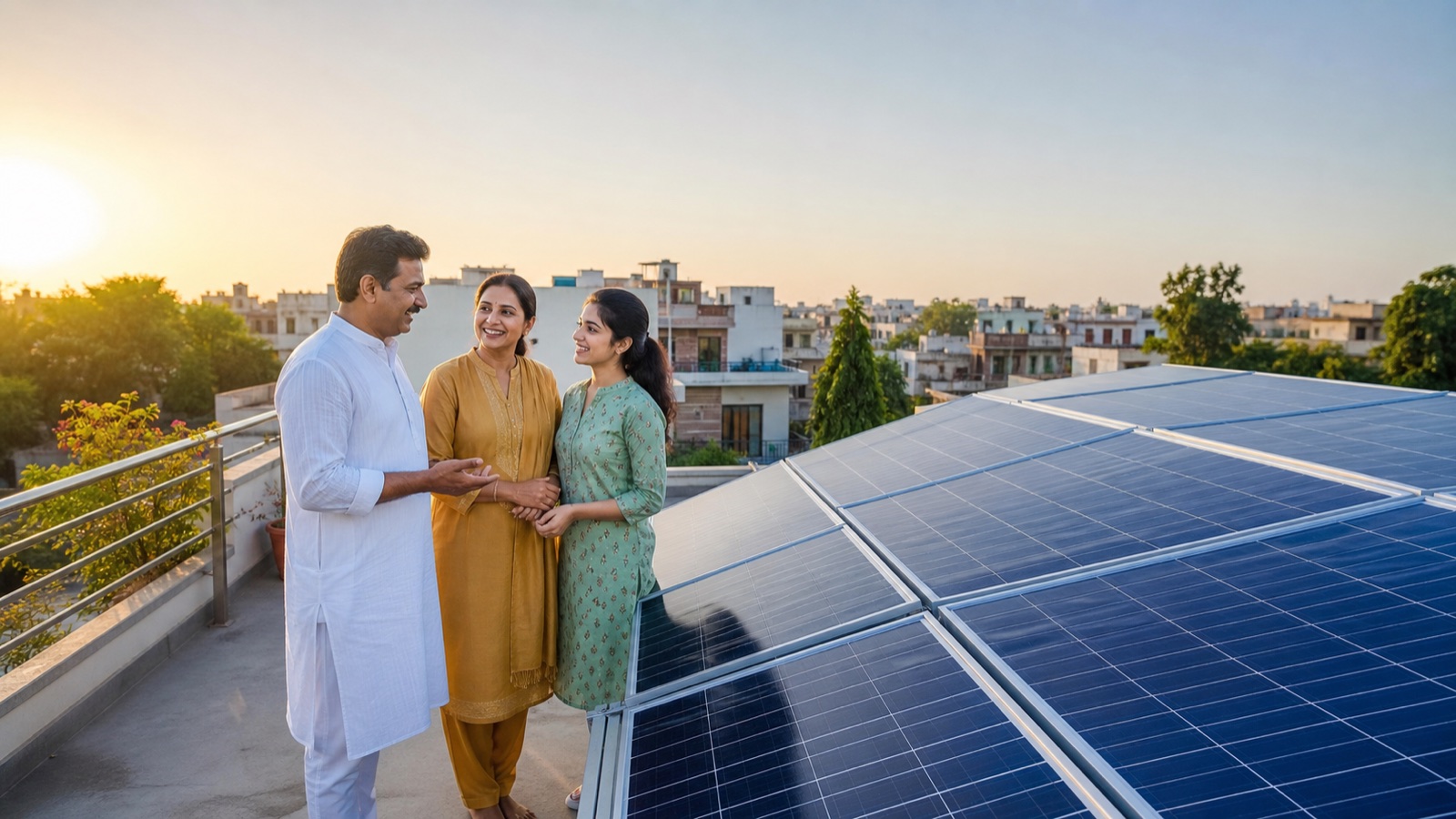 Indian family beside rooftop solar panels